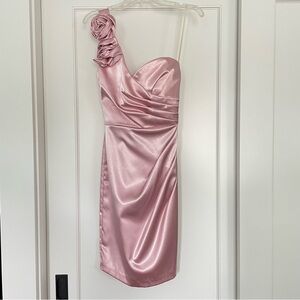 Macys satin light pink floral cocktail short dress tie waist